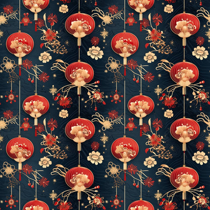 Seamless pattern of floral elements and red lanterns on a dark background, featuring stylized flowers and foliage in gold and red hues.