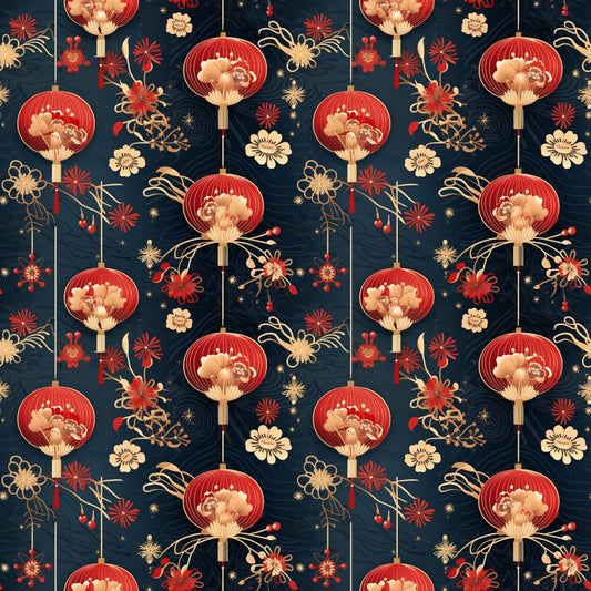 Seamless pattern of floral elements and red lanterns on a dark background, featuring stylized flowers and foliage in gold and red hues.