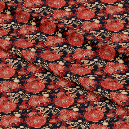- Chinese Lunar Lantern Lights Pattern 3 Quilting Cotton Fabric  
- Floral design  
- Red, black, beige colors  
- Quilting cotton material  
- Ornamental lantern shapes  
- Traditional Asian motifs  
- Yardage fabric for sewing  
- Decorative textile