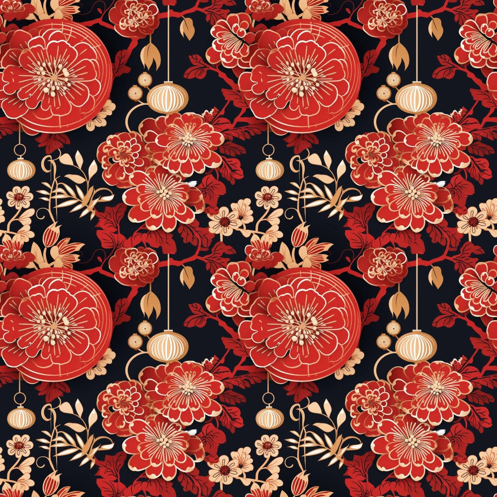 Seamless floral pattern with red and beige flowers, including large blossoms and leaves, on a dark background.