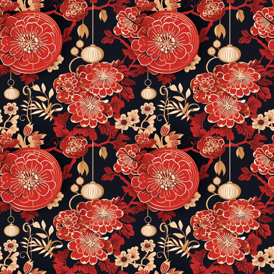 Seamless floral pattern with red and beige flowers, including large blossoms and leaves, on a dark background.