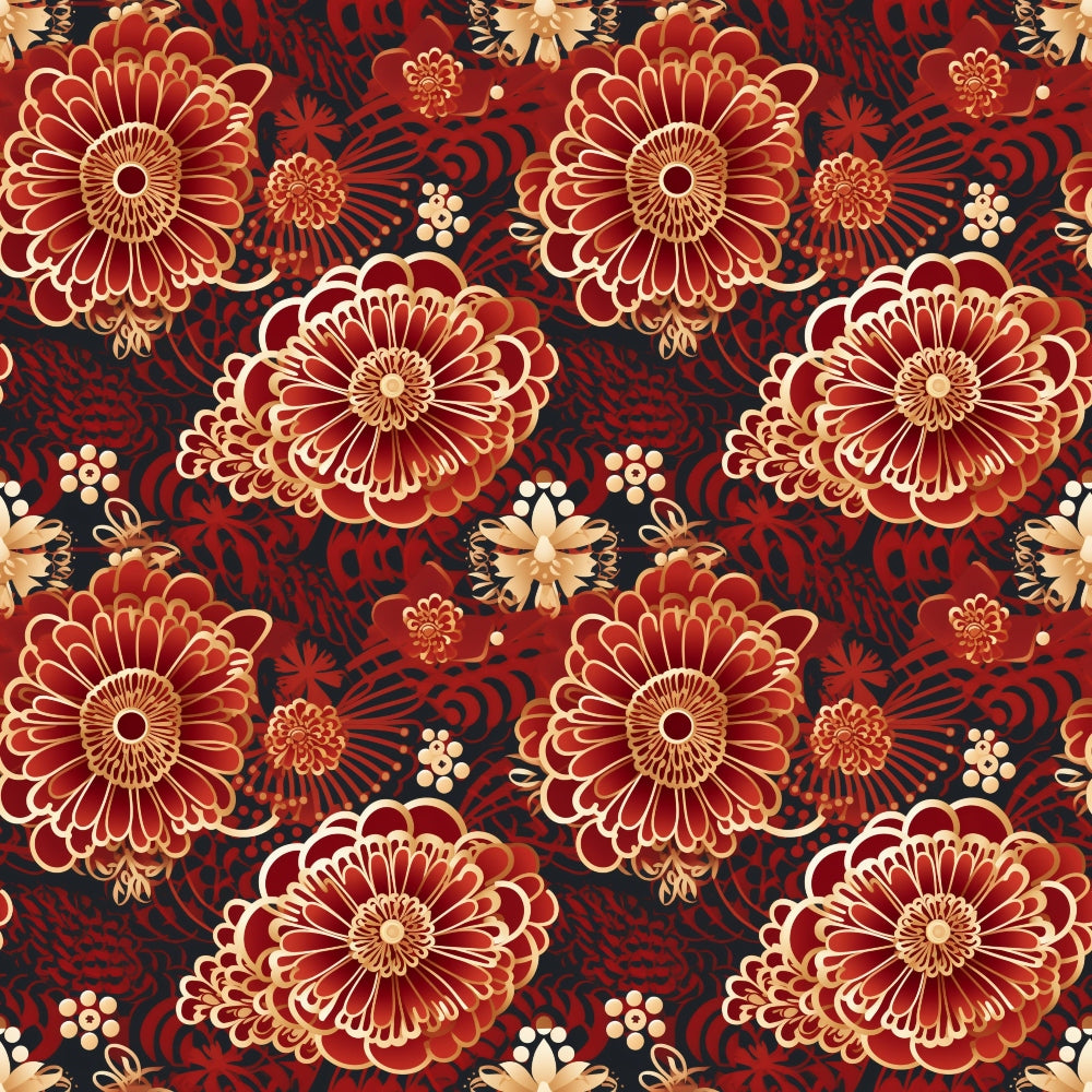 Seamless pattern with large red and gold floral designs on a dark background, featuring intricate ornate detailing.