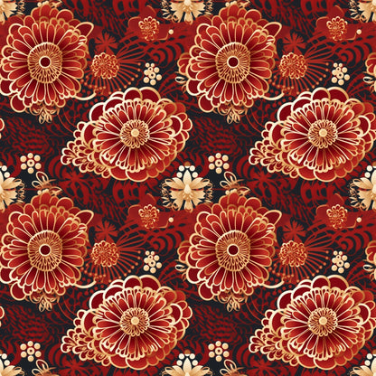 Seamless pattern with large red and gold floral designs on a dark background, featuring intricate ornate detailing.