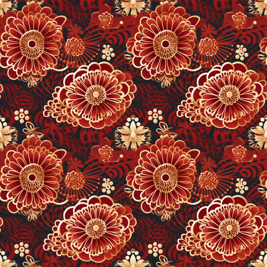 Seamless pattern with large red and gold floral designs on a dark background, featuring intricate ornate detailing.