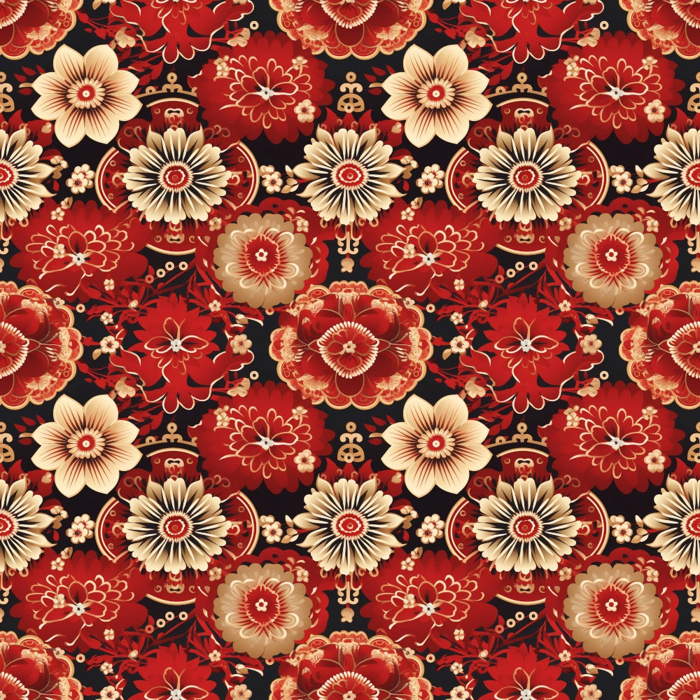 A seamless floral pattern with red, gold, and cream flowers and foliage on a dark background.