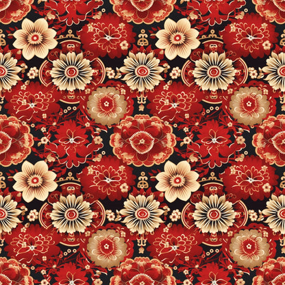 A seamless floral pattern with red, gold, and cream flowers and foliage on a dark background.