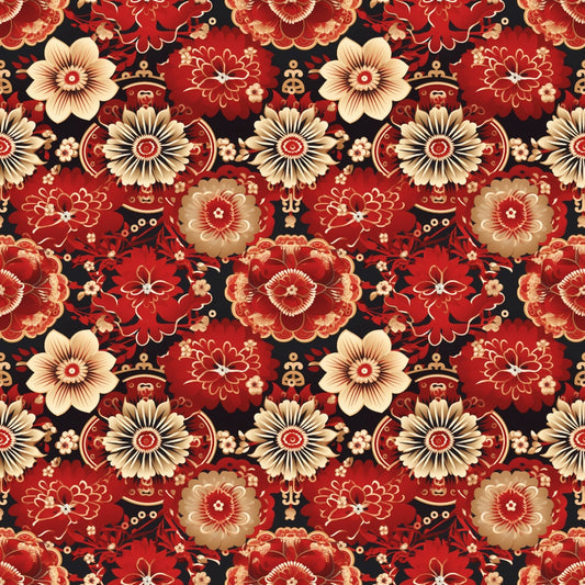 A seamless floral pattern with red, gold, and cream flowers and foliage on a dark background.