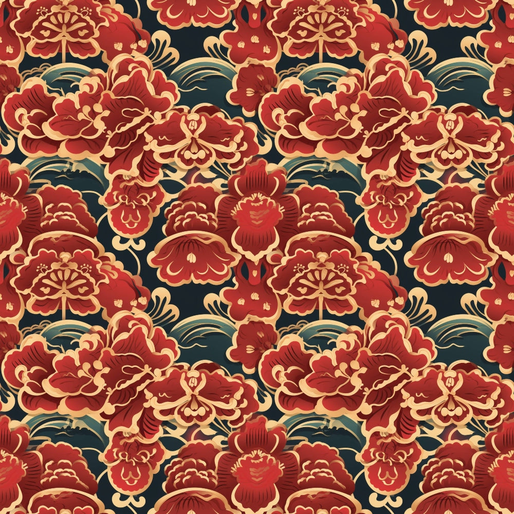 Seamless pattern of red and cream floral motifs on a dark background, featuring stylized flowers and leaves in a symmetrical arrangement.