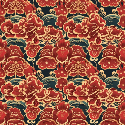 Seamless pattern of red and cream floral motifs on a dark background, featuring stylized flowers and leaves in a symmetrical arrangement.