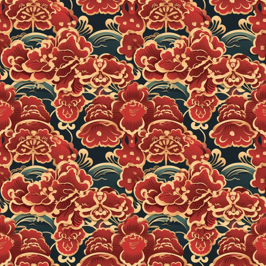 Seamless pattern of red and cream floral motifs on a dark background, featuring stylized flowers and leaves in a symmetrical arrangement.