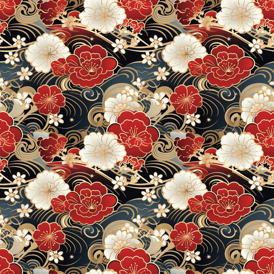 red, gold, black, white, floral pattern, peonies, cherry blossoms, swirling clouds, waves, japanese style, asian motif, ornate flowers, quilting cotton, fabric panel, elegant design, festive colors, botanical elements, flowing lines, decorative swirls