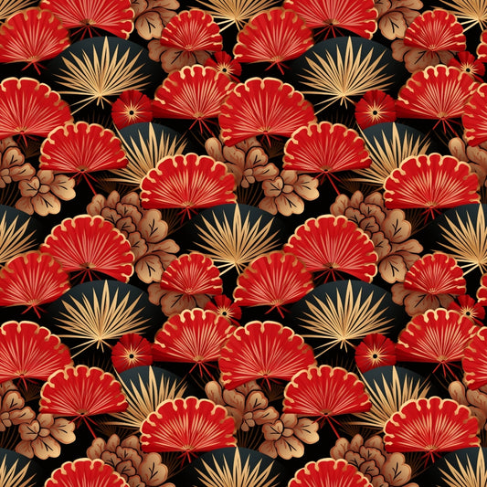 Pattern of red fans, beige and gold leaves on a black background.