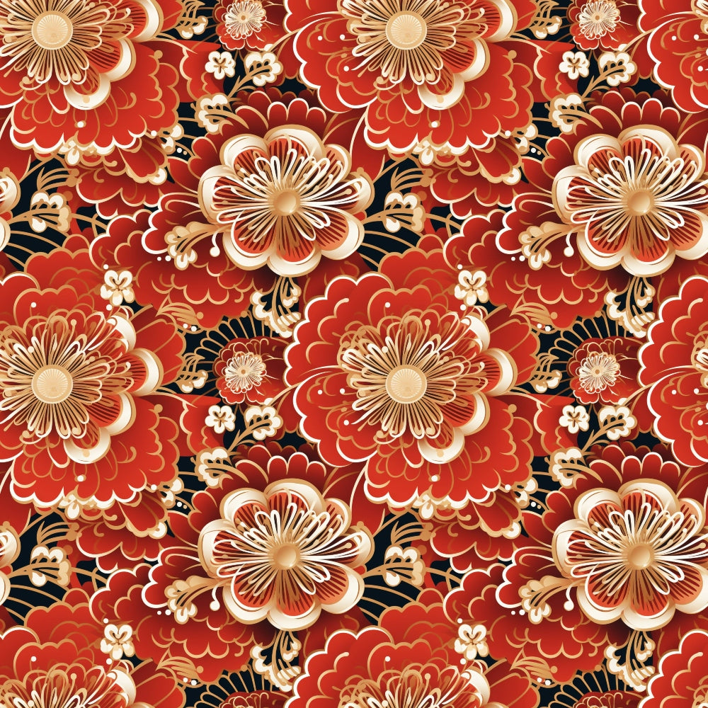 Ornate floral pattern with red and gold flowers and leaves, arranged symmetrically on a black background.