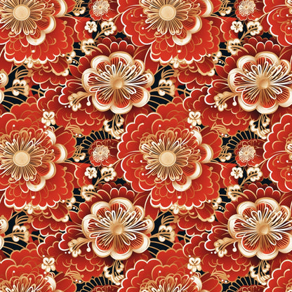 Ornate floral pattern with red and gold flowers and leaves, arranged symmetrically on a black background.