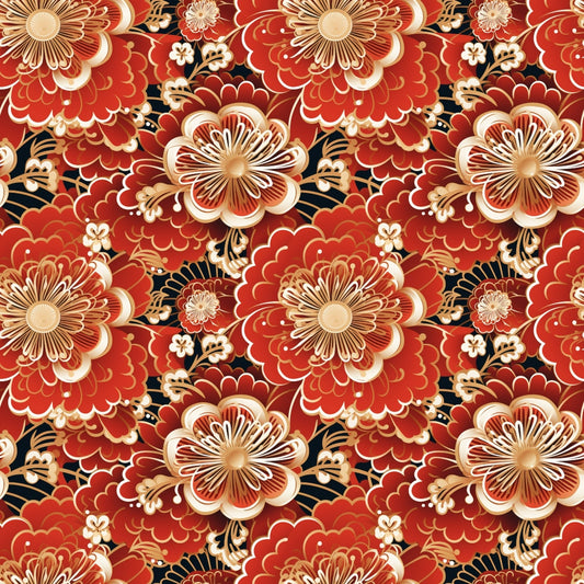 Ornate floral pattern with red and gold flowers and leaves, arranged symmetrically on a black background.