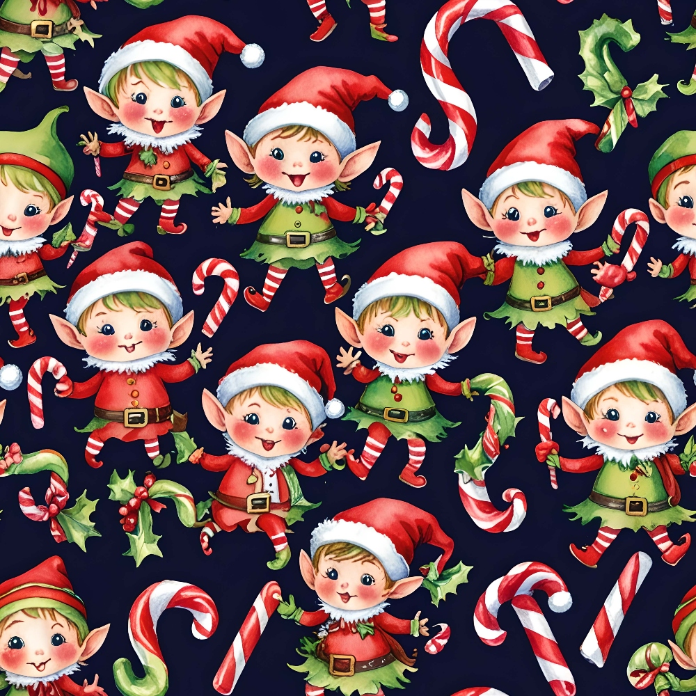 Illustration of cheerful elves in red and green outfits with candy canes and holly on a dark background.