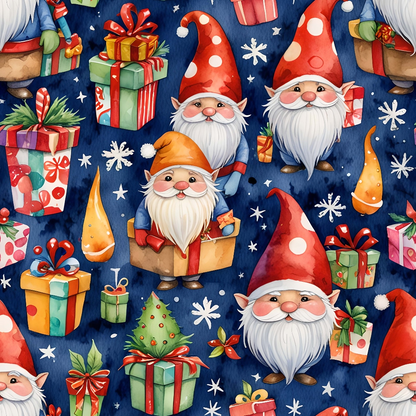 Festive pattern featuring gnomes in red and orange hats with white beards, surrounded by colorful wrapped gifts and snowflakes on a dark blue background.