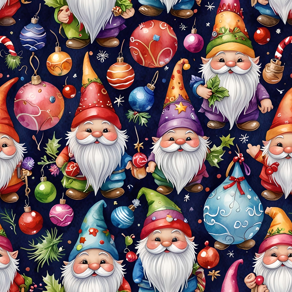 Colorful illustration of festive gnomes wearing decorated hats, surrounded by various ornaments and holiday decorations on a dark background.