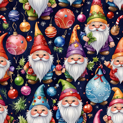 Colorful illustration of festive gnomes wearing decorated hats, surrounded by various ornaments and holiday decorations on a dark background.