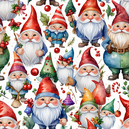 Colorful, whimsical gnomes in red, green, blue, and orange outfits holding festive decorations and tools, surrounded by holiday-themed elements like holly, berries, and candy canes.