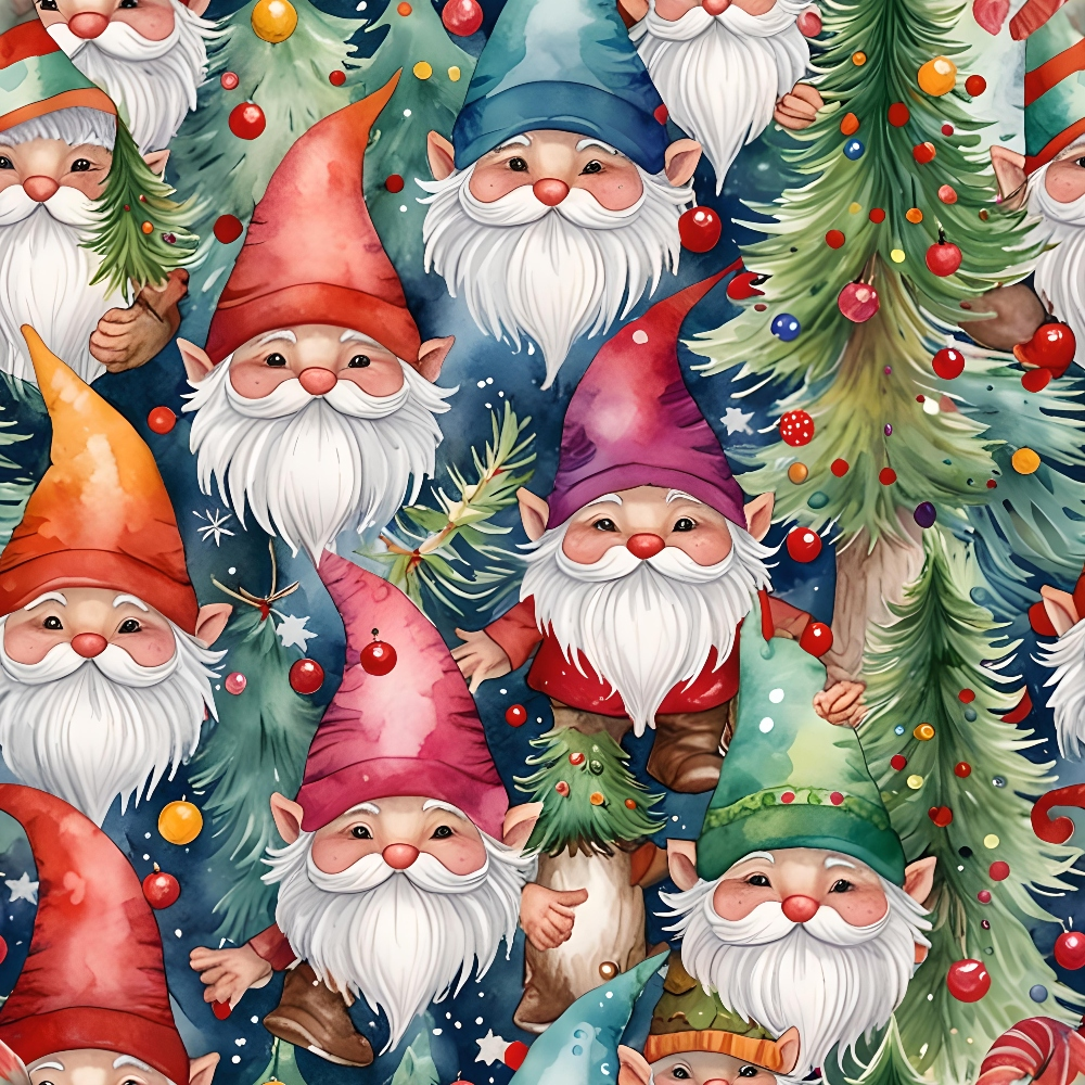 An illustrated pattern featuring cheerful gnomes with white beards and colorful hats, surrounded by decorated Christmas trees and stars on a dark background.