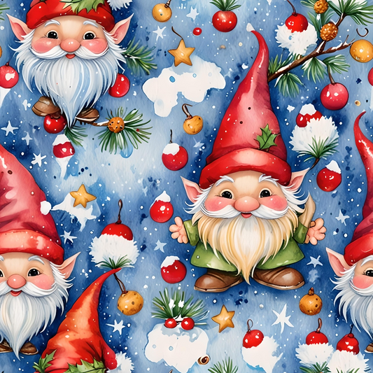 Festive gnomes with red hats and white beards on a snowy blue background, surrounded by holly, stars, candy, and pine branches.