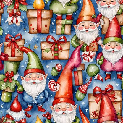 Pattern of festive gnomes with pointy hats surrounded by wrapped gifts, candy, and stars on a blue background.