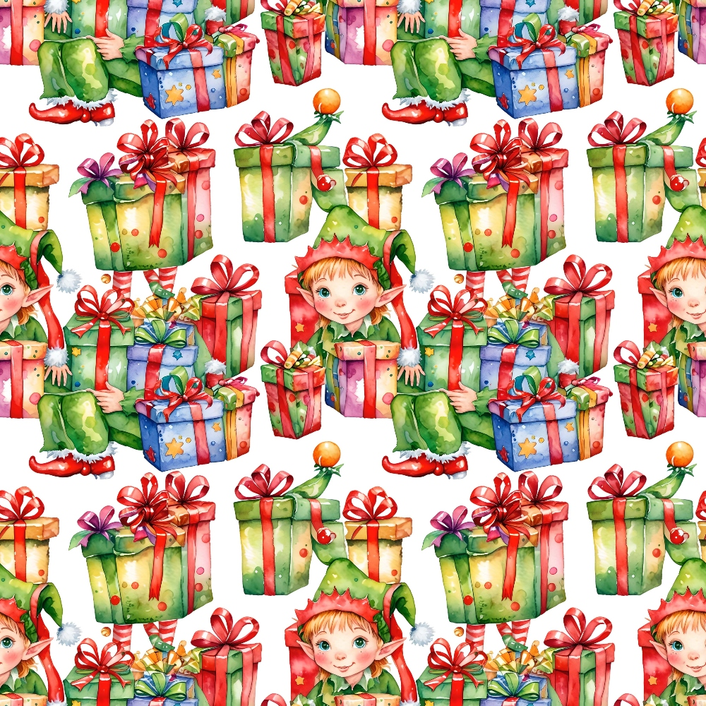 Pattern of festive gift boxes with ribbons and a smiling elf wearing a green hat.