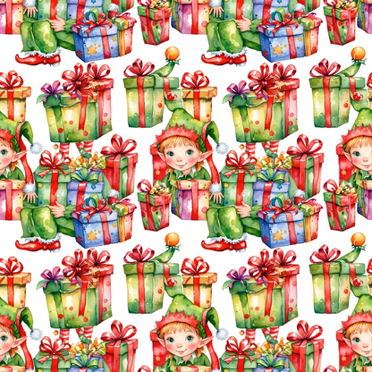 Pattern of festive gift boxes with ribbons and a smiling elf wearing a green hat.