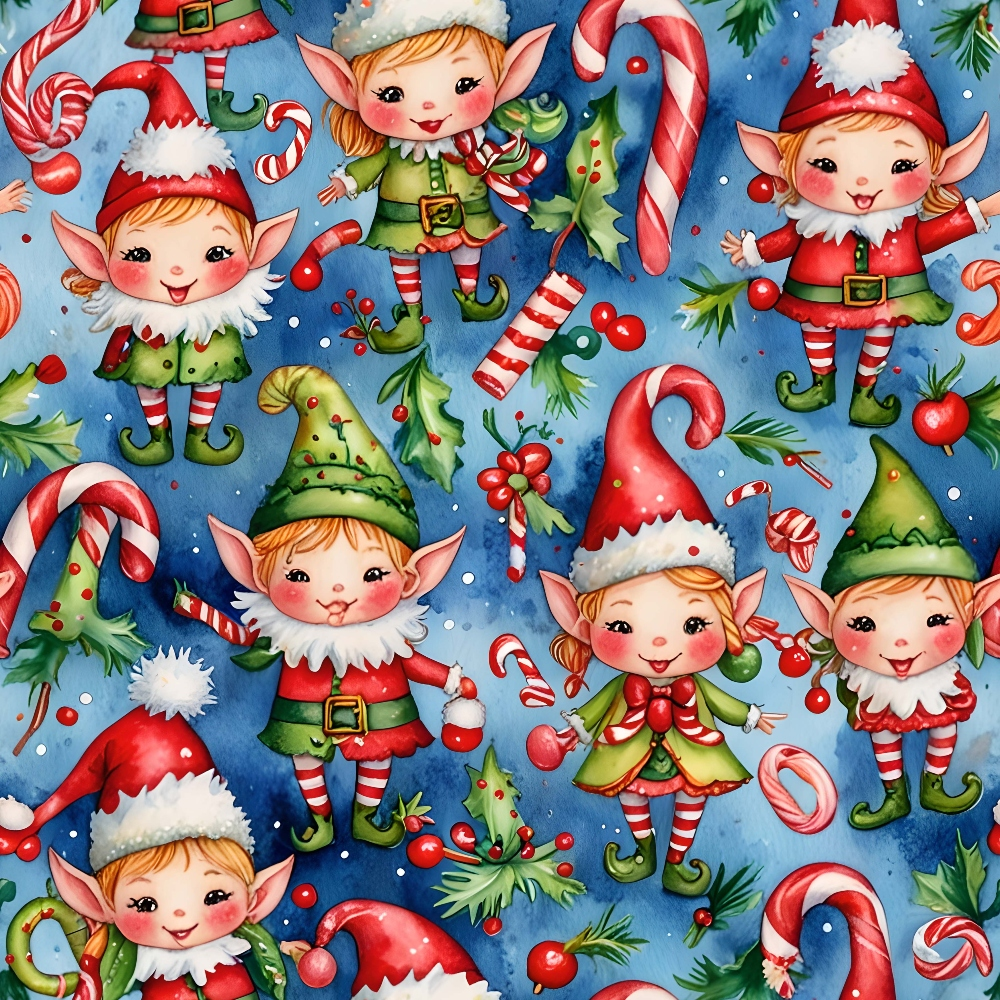 Illustration of cheerful Christmas elves with hats, candy canes, holly, and snowflakes on a blue background.