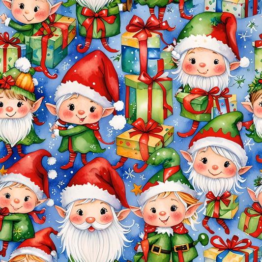 Festive scene with elves in red and green outfits surrounded by decorated gift boxes on a snowy blue background.