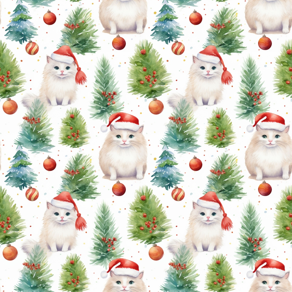 Pattern of fluffy cats in Santa hats, decorated Christmas trees, holly berries, and red ornaments on a white background.