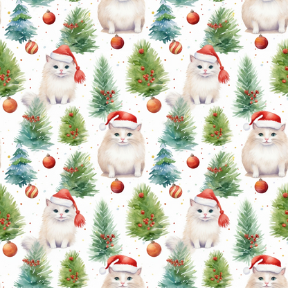 Pattern of fluffy cats in Santa hats, decorated Christmas trees, holly berries, and red ornaments on a white background.