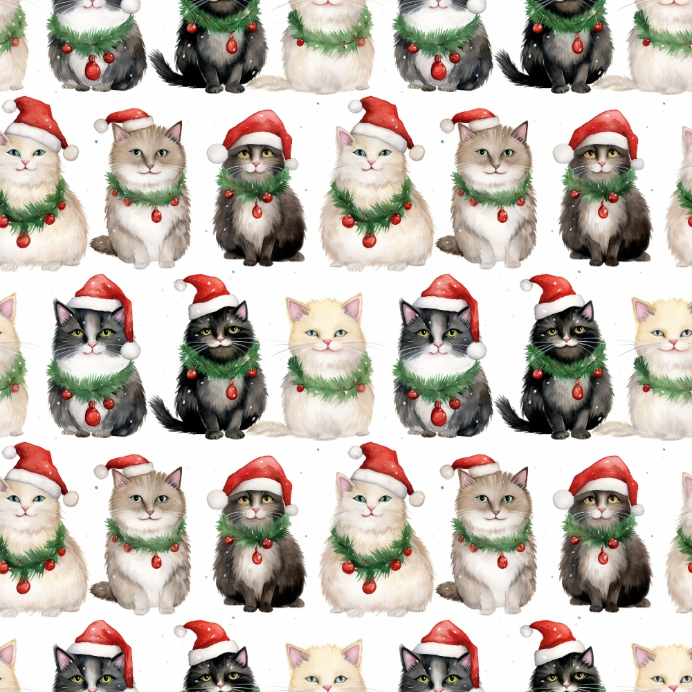 christmas cats, santa hats, red santa hats, white cats, gray cats, black cats, tabby cats, green garland, red ornaments, christmas ornaments, repeating pattern, quilting cotton, fabric panel, holiday theme, festive cats, watercolor style, cute kittens, christmas decorations, seasonal fabric, cotton fabric