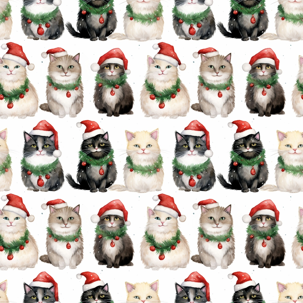 Repeating pattern of illustrated cats wearing Santa hats and wreaths with red ornaments on a white background.