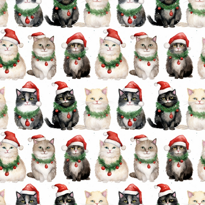 Repeating pattern of illustrated cats wearing Santa hats and wreaths with red ornaments on a white background.