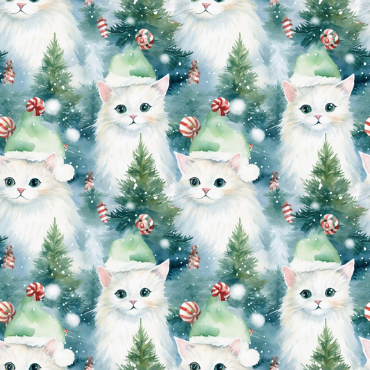 Pattern of white cats wearing green Santa hats, with Christmas trees, snowflakes, and candy canes against a blue background.