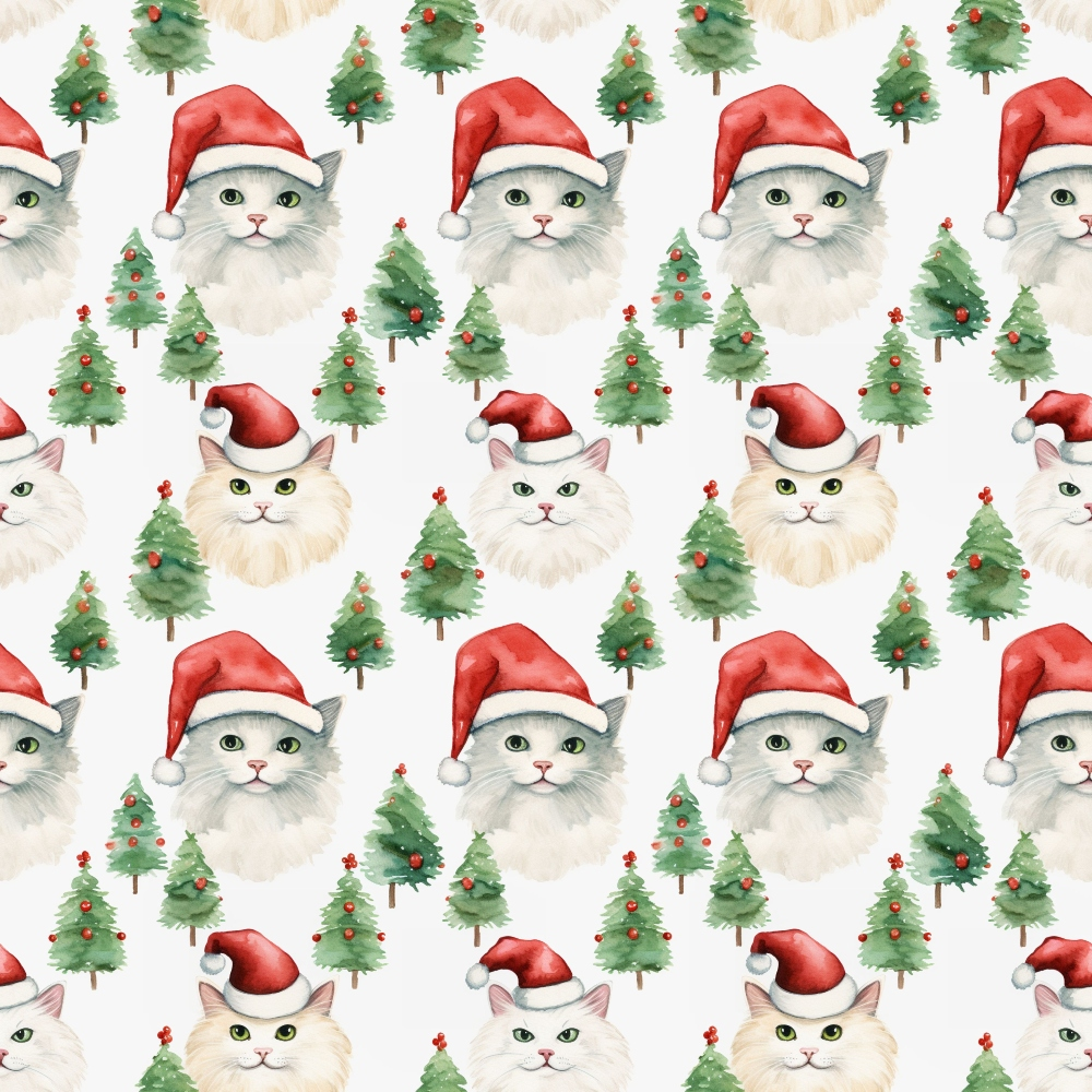 Pattern of cats wearing Santa hats and green Christmas trees on a white background.