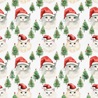 Pattern of cats wearing Santa hats and green Christmas trees on a white background.