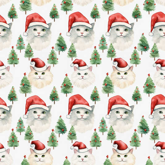 Pattern of cats wearing Santa hats and green Christmas trees on a white background.