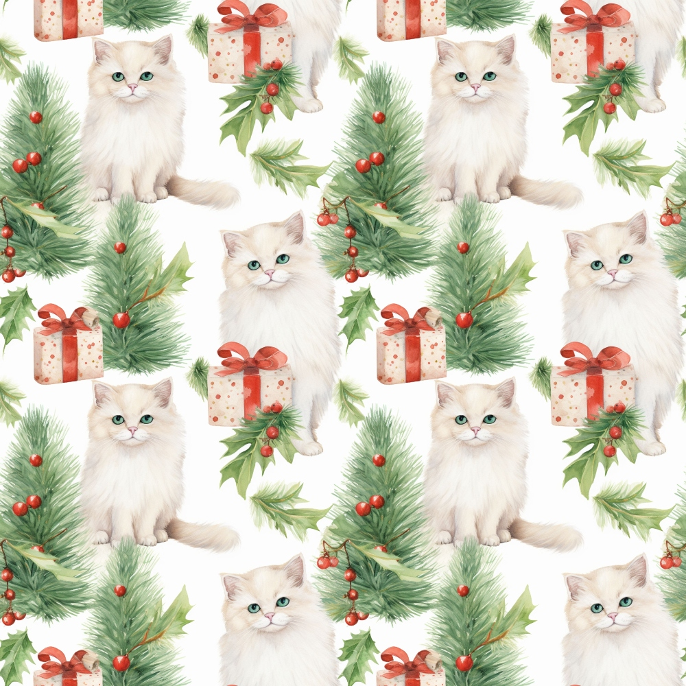 Pattern featuring fluffy white kittens, gift boxes with red ribbons, green pine branches, and holly with red berries on a white background.