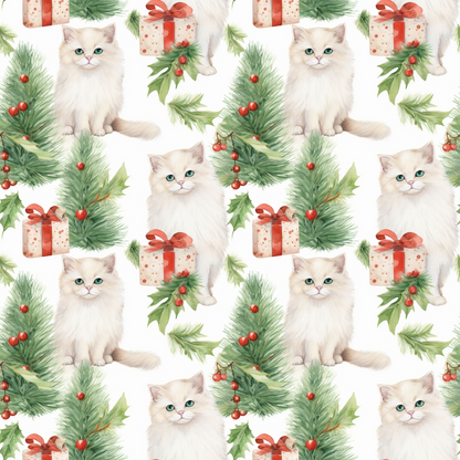 Pattern featuring fluffy white kittens, gift boxes with red ribbons, green pine branches, and holly with red berries on a white background.