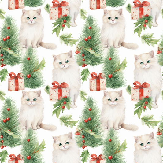 Pattern featuring fluffy white kittens, gift boxes with red ribbons, green pine branches, and holly with red berries on a white background.