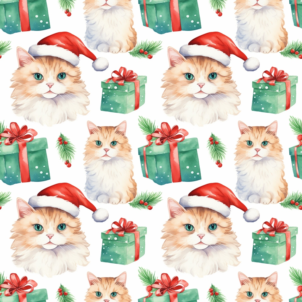 Seamless pattern of cats with Santa hats and without hats, alongside green gift boxes with red bows and pine sprigs.