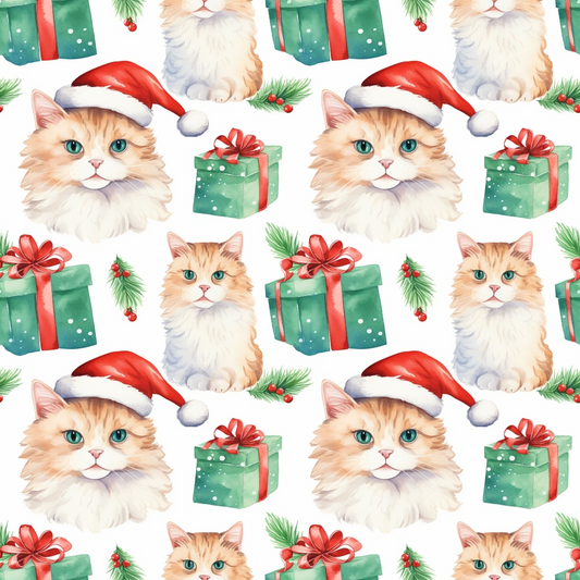 Seamless pattern of cats with Santa hats and without hats, alongside green gift boxes with red bows and pine sprigs.