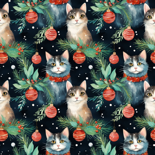 Pattern of cats in festive Christmas decorations with pine branches, red ornaments, and berries on a dark background.