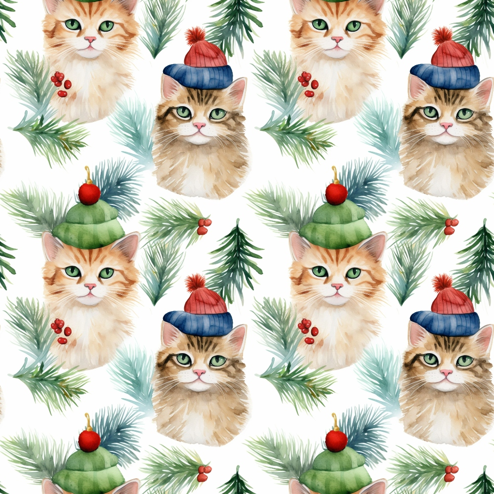 Pattern of cats wearing hats amidst green pine branches and red berries.