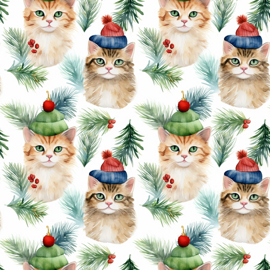 Pattern of cats wearing hats amidst green pine branches and red berries.