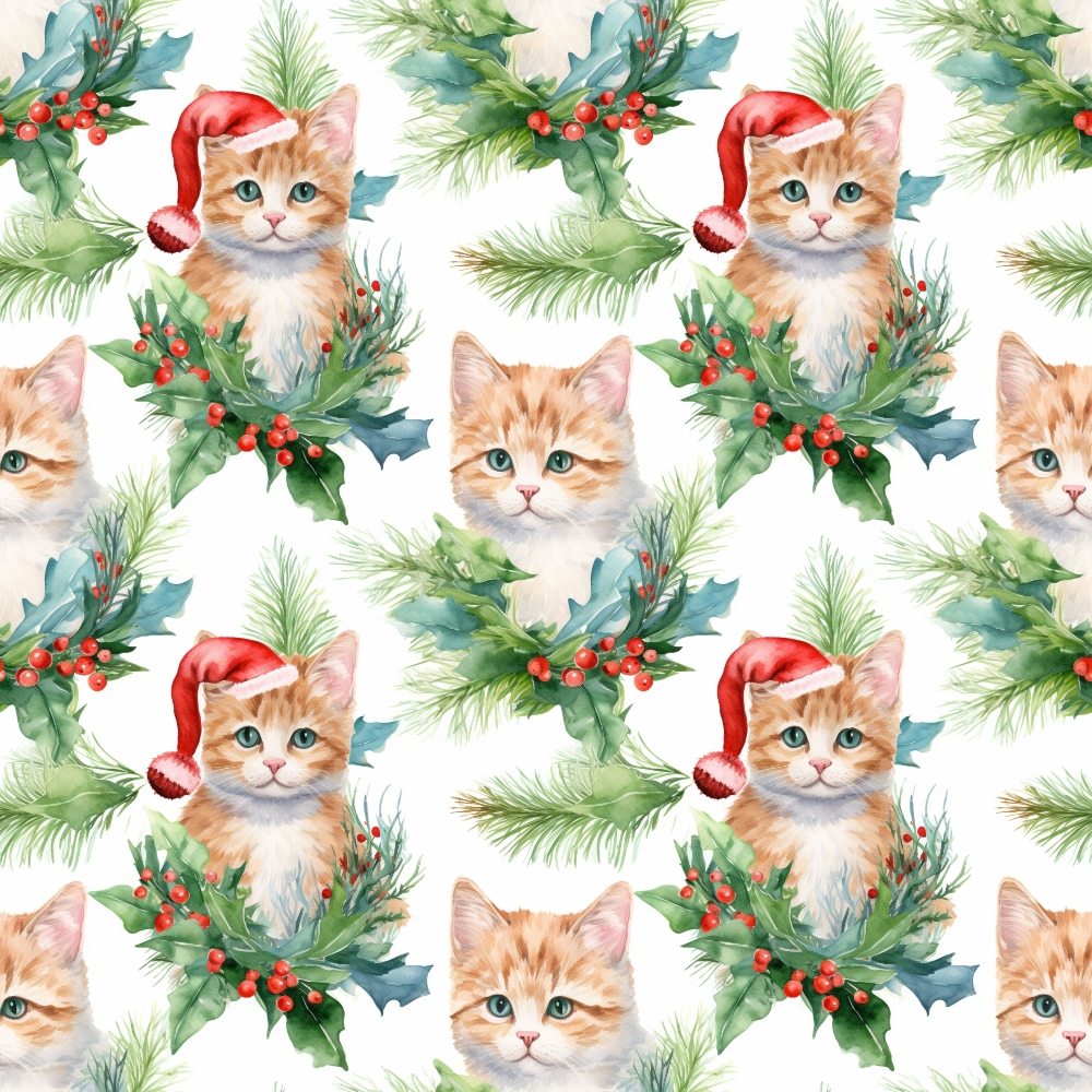 Pattern of orange kittens with green eyes, some wearing Santa hats, surrounded by fir branches and holly with red berries on a white background.