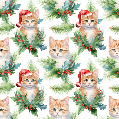 Pattern of orange kittens with green eyes, some wearing Santa hats, surrounded by fir branches and holly with red berries on a white background.